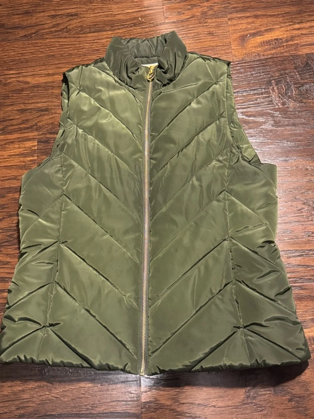 Michael Kors Olive Green Quilted Sleeveless Puffer Vest with Gold Zipper, Sz L